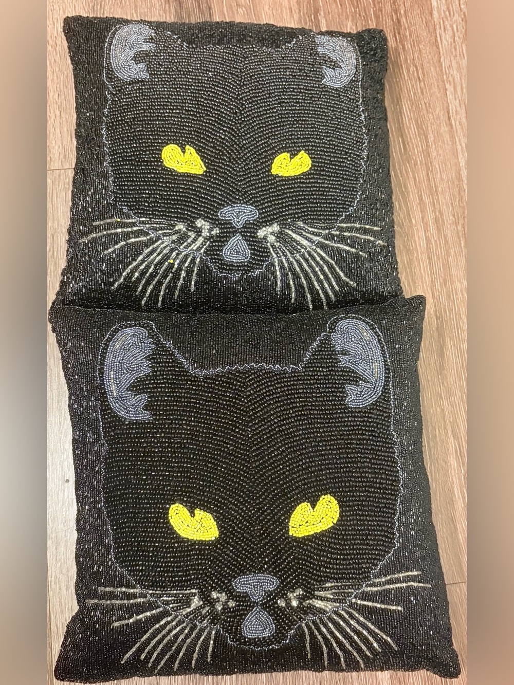 Pier 1 set of two beaded 14"W x 14"H black cat decorative throw pillows New